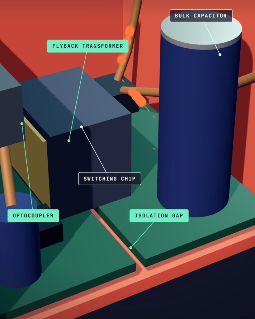 Labelled cutaway of How a Phone Charger Shrinks Wall Power